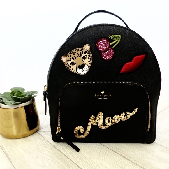 NEW! Kate Spade Run Wild Leopard Tomi Leather Backpack Sequin Black - Picture 6 of 12